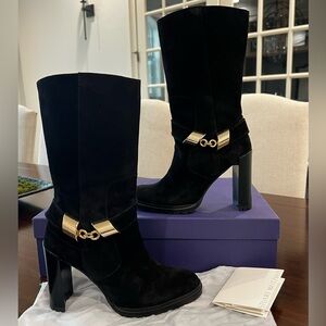 Stuart Weitzman Skipper Nero Black Suede Mid-Calf Heeled Boots 8M